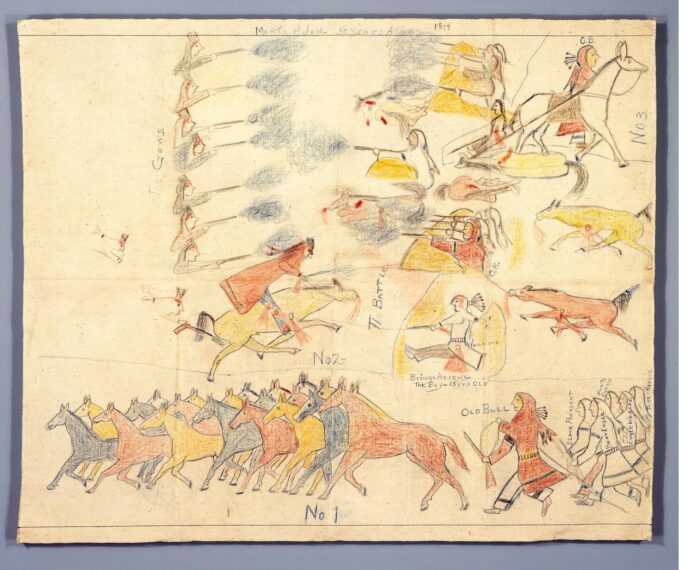 Historical drawing depicting a Native American battle scene.