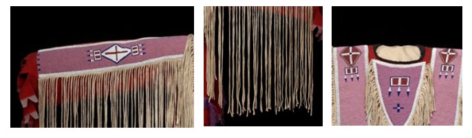 Image shows three panels with different views of a garment with fringe on the sleeves and geometric patterns.