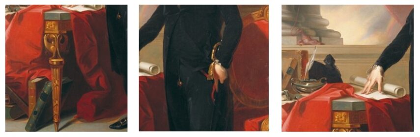 This image is divided into three panels, each showing parts of a detailed painting. In the left panel, there is an ornate, gold-topped stand next to a stack of books, partly covered by rich, red fabric. The middle panel features the midsection of a person dressed in dark clothing, holding a sword and a scroll. The right panel shows a hand pointing to a piece of paper on a table, surrounded by writing quills, ink bottles, and more red fabric.