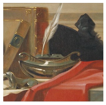 Still life with books, quill and ink, red cloth, and small statue of a dog.