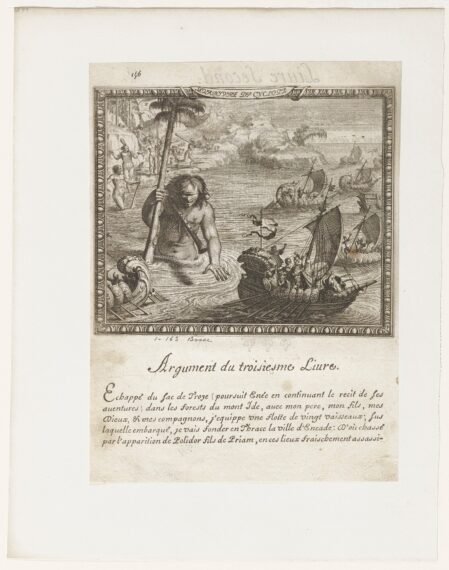 The illustration shows a large, muscular figure emerging from the water, with several small boats with sails on the water around the figure. Below the image is a block of ornate text in French.