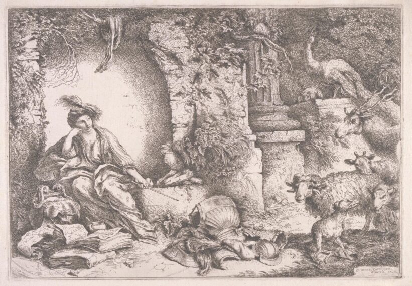The image is a black-and-white drawing showing a person sitting, wearing flowing garments and a hat with a feather. Beside them are books and other objects, as well as several animals, including a stag, sheep, and a dog, all gathered near ancient stone ruins.
