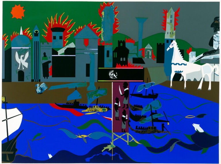 Colorful abstract scene with buildings, horses, and boats.