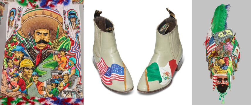The image features three distinct objects: on the left, a beadwork design depicting a man with a sombrero surrounded by various people and agricultural scenes. The middle section shows a pair of cream-colored leather boots with painted flags of the United States and Mexico on the toes. On the right, a feathered beadwork piece adorned with dollar bills, flags, and assorted imagery.