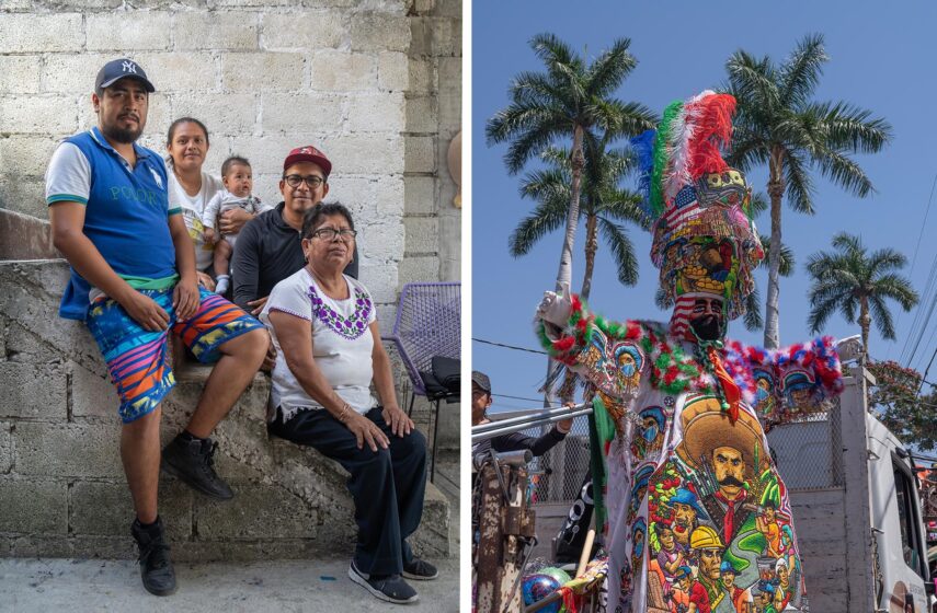 The image is split into two sections. On the left, a group of five people are sitting on a concrete step against a light brick wall. On the right, a figure in a multicolored costume with intricate patterns and a tall headdress stands in front of several palm trees.