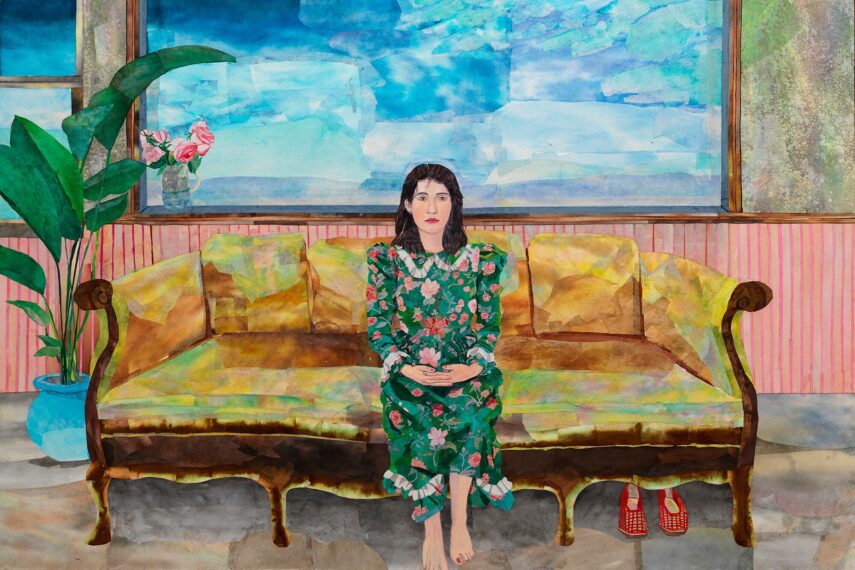 Painting of a woman wearing a floral dress sitting on a yellow sofa.