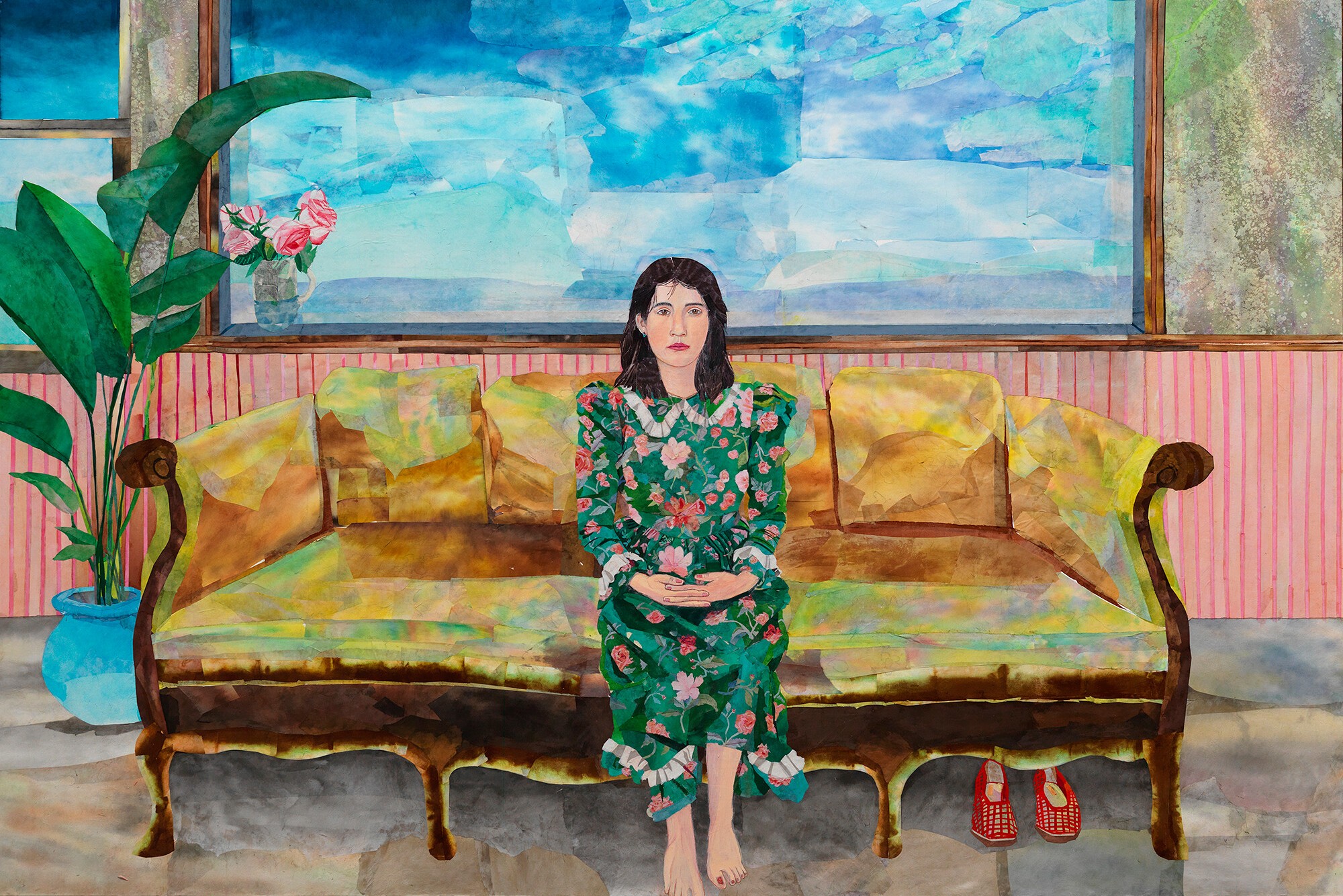 Painting of a woman wearing a floral dress sitting on a yellow sofa.
