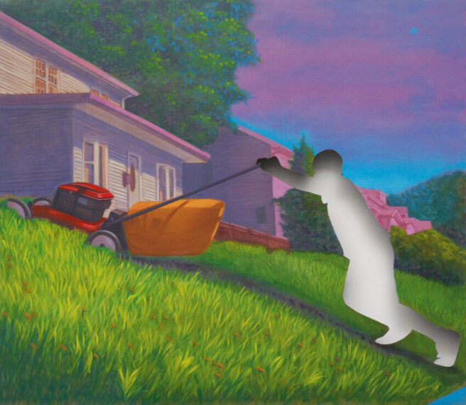 Painting of a person silhouetted in white against a colorful background, pushing a lawn mower on a grassy slope.