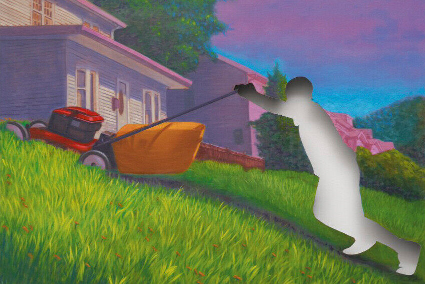 Painting of a person silhouetted in white against a colorful background, pushing a lawn mower on a grassy slope.