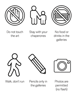 Image with icons showing museum rules, such as no touching art and staying with chaperones.
