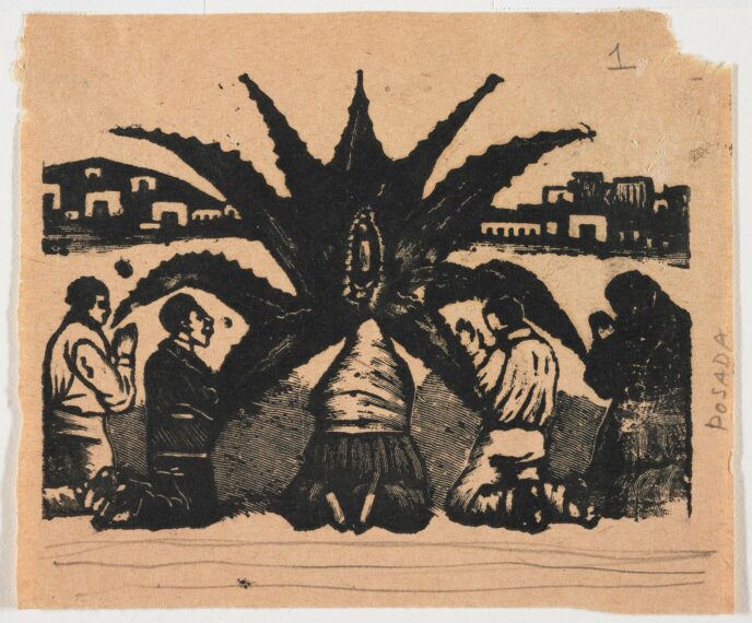 The image is a black ink drawing on a beige background, showing people kneeling around a large plant with long, pointed leaves.