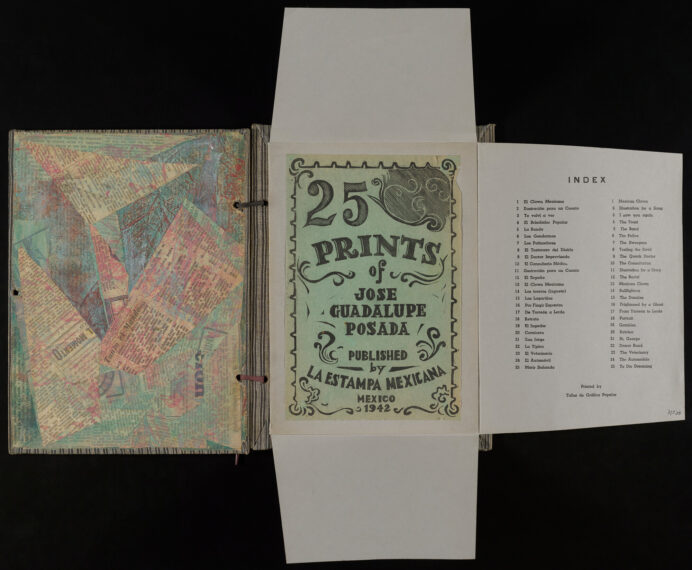 Open book with prints, index page, and collaged images.
