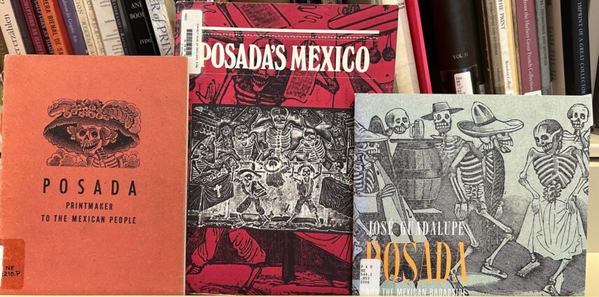 Three books featuring Posada's artwork with skeletons on their covers.