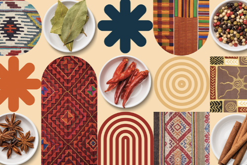 Collage of spices, patterns, and abstract shapes on beige background.