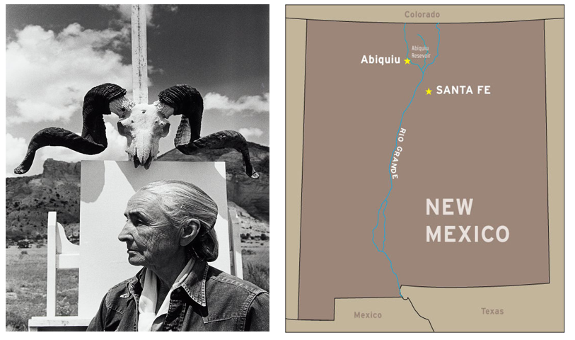 The image is split into two sections. On the left, a black-and-white photo shows a woman with her hair tied back, standing in profile. She's outside standing in front of a large skull with curling horns hills in the background. On the right is a map of New Mexico in color. It highlights the locations of Abiquiu and Santa Fe with stars, with the Rio Grande river running through the state and boundaries marked between Colorado, Mexico, and Texas.
