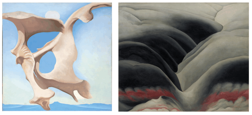 The image features two abstract paintings side by side. The painting on the left shows a beige shape with large curves and holes against a light blue sky. The painting on the right depicts a series of overlapping, curving forms in shades of gray and black with red accents at the bottom.