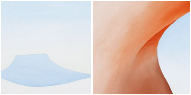 The image is split into two sections. The left section features a light blue, abstract shape resembling a mountain or plateau against a pale background. The right section displays a close-up view of an abstract, soft pinkish-orange curve.