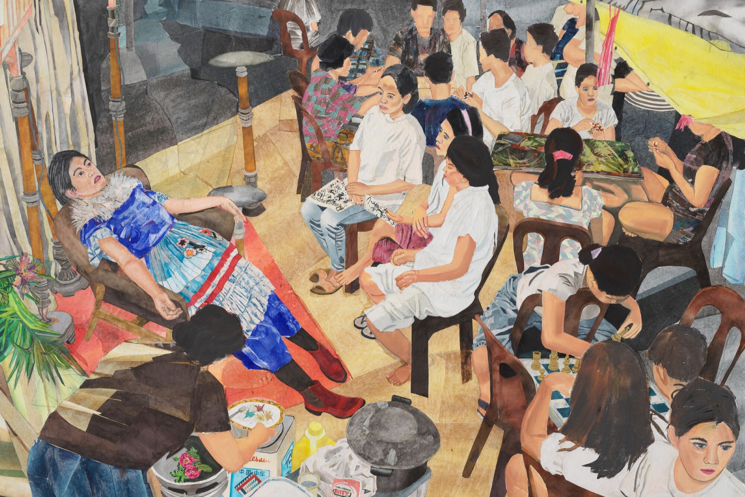 colorful painting of many people sitting in chairs in a room