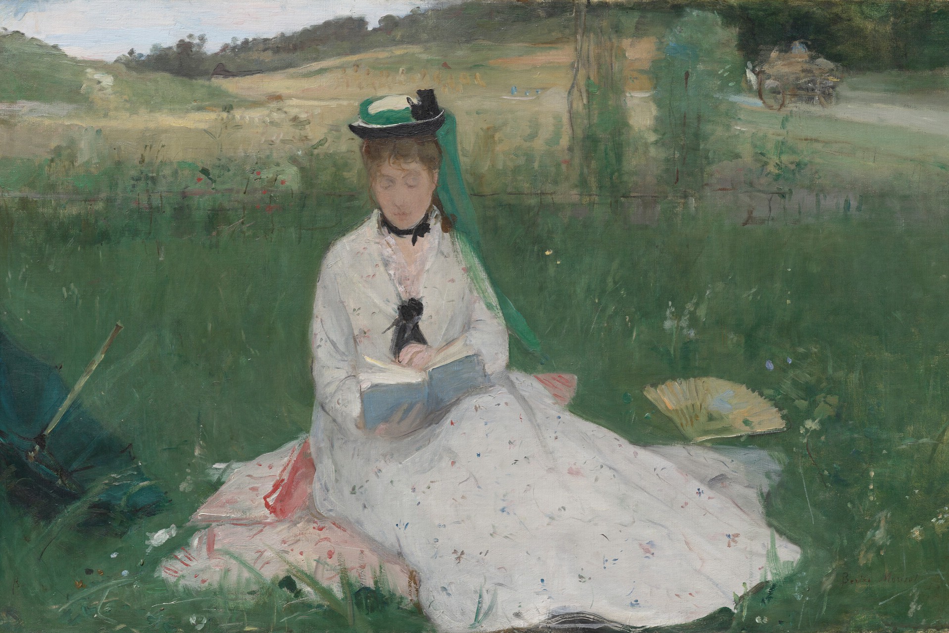 Painting depicting a person wearing a white dress sitting upright on a blanket spread over a grassy expanse and reading with an umbrella and fan nearby.