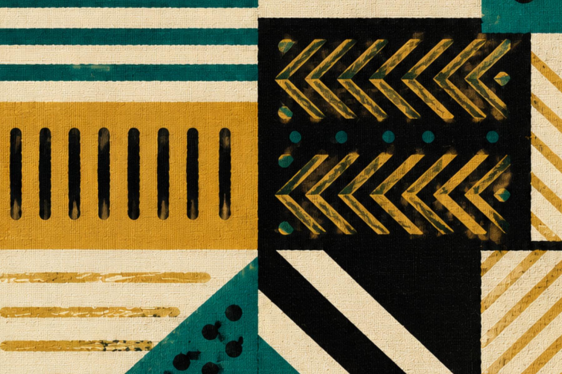Abstract geometric design with stripes and chevrons in shades of teal, mustard, black, and cream.