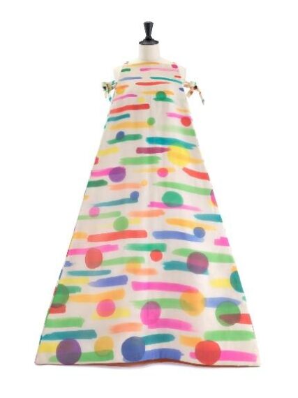 Colorful patterned A-line dress on a mannequin