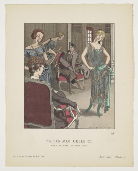 drawing of a group of elegantly dressed people in a stylish room.