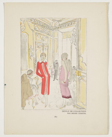 Stylized fashion illustration of people in elegant clothing in a decorated room.