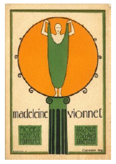 The image is an art deco poster featuring a stylized figure standing on a column. The figure is draped in a long green garment and raises both arms, holding the ends of the fabric inside a large orange circle.