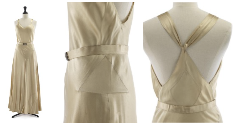 Beige satin gown on a mannequin featuring a belt, with detailed close-ups of the back of the dress and the waist in profile.