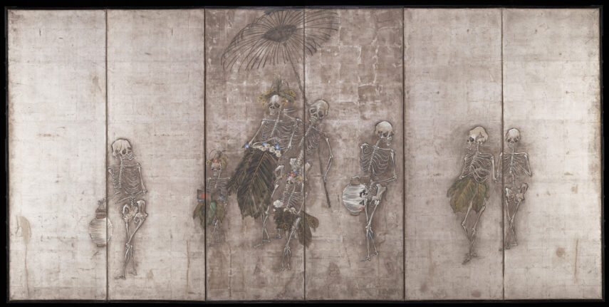 Six skeletons on a folding screen, some holding objects.