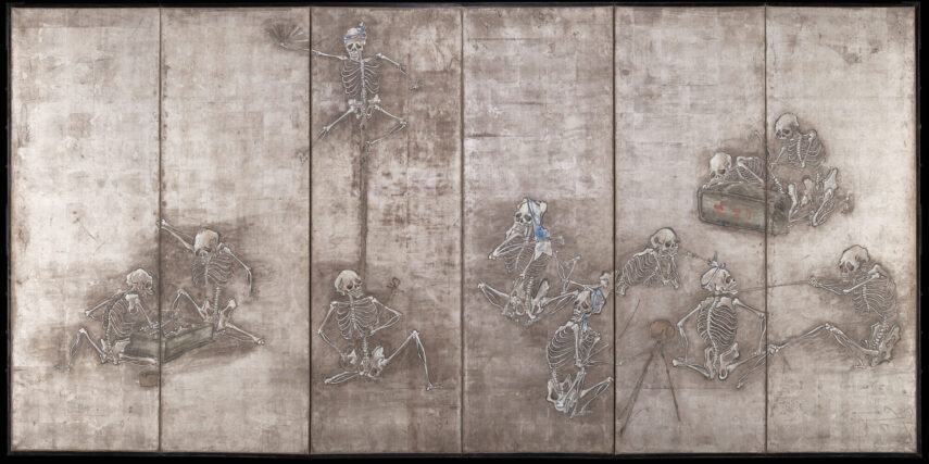 Skeletons engaging in various playful activities on a painted screen.
