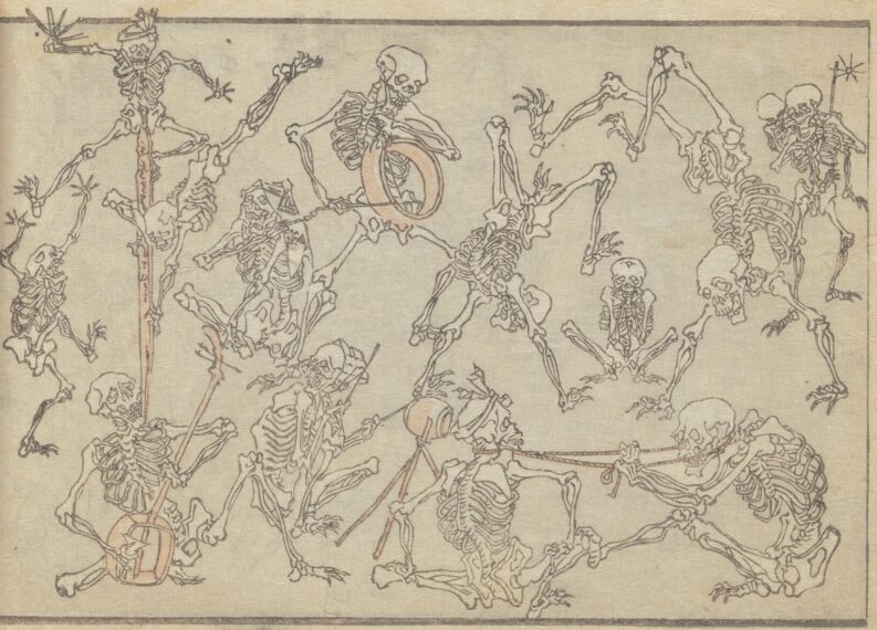 The image shows a drawing of a group of skeletons engaged in various activities.