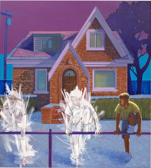 The image shows three people, two of whom are semi-transparent, climbing over a railing in front of a red brick house.
