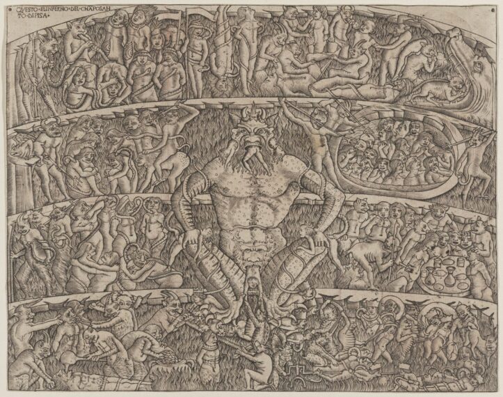The image features a complex, multi-layered scene with numerous human-like figures and mythical creatures.