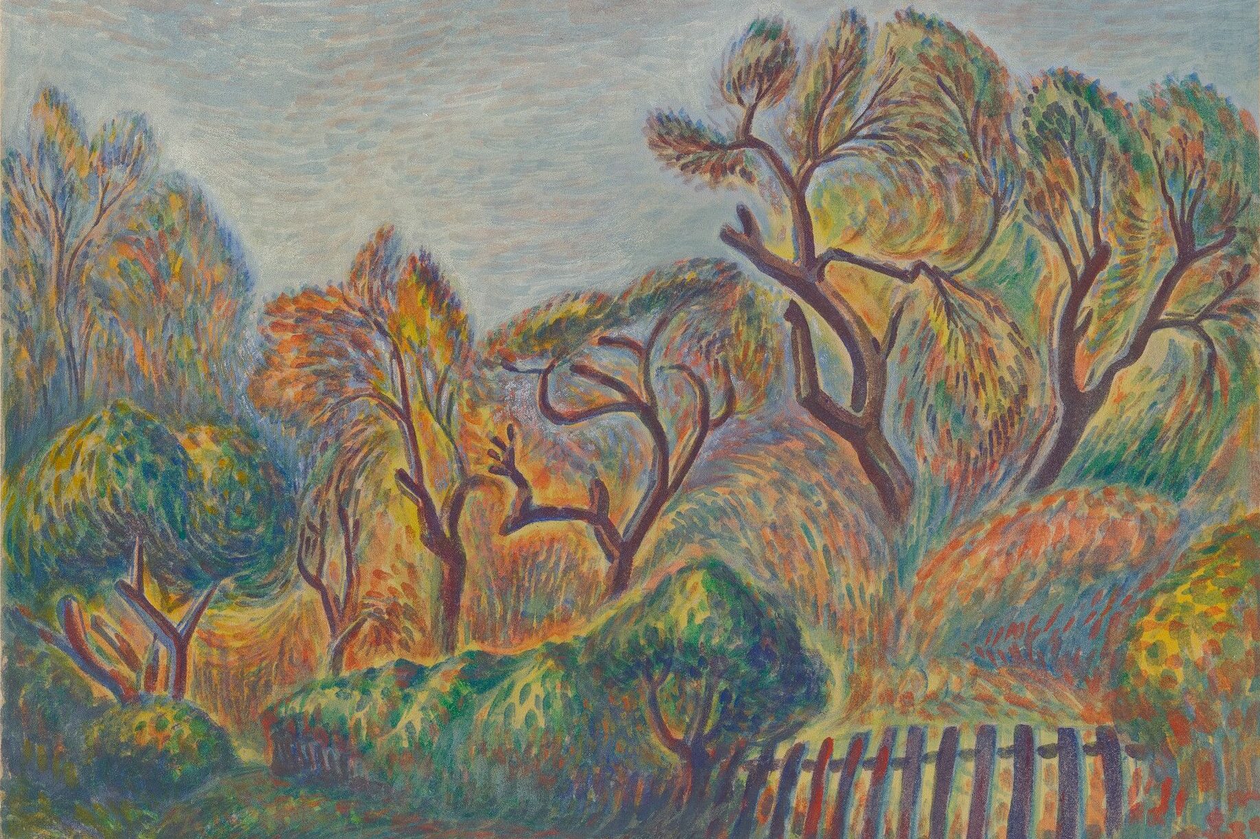 Colorful landscape painting with swirling trees and bushes.
