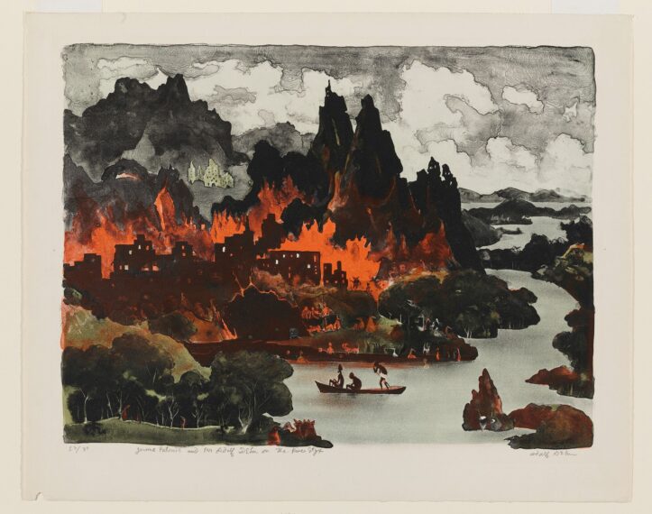 The image depicts a landscape with a fiery city, mountains, and river, set against a gray sky.