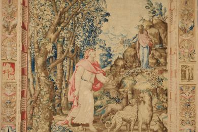 Medieval tapestry depicting people and animals in a forest setting.