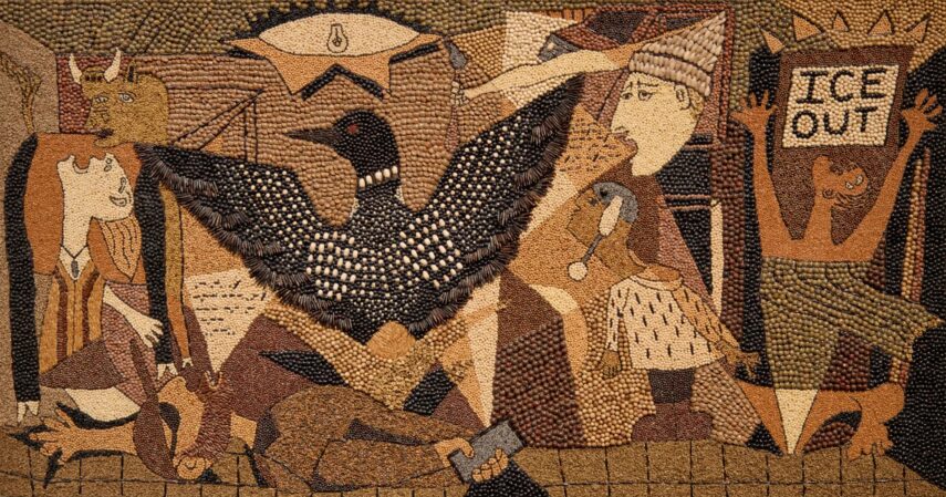 Beaded artwork showing diverse figures and shapes