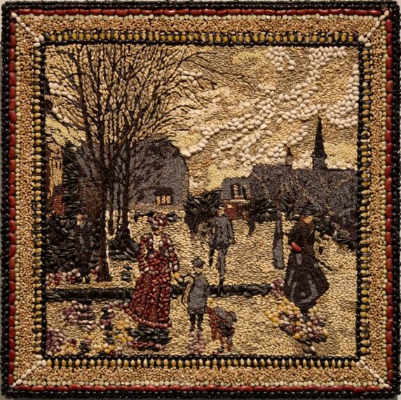 Mosaic of people in a winter scene made from seeds and beans.