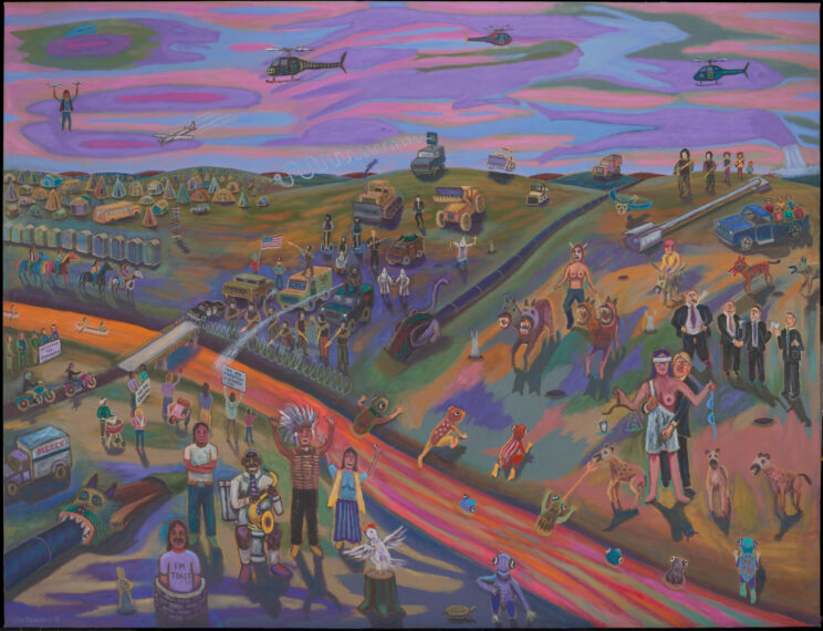 Surreal painting of a colorful landscape with people, animals, and vehicles.