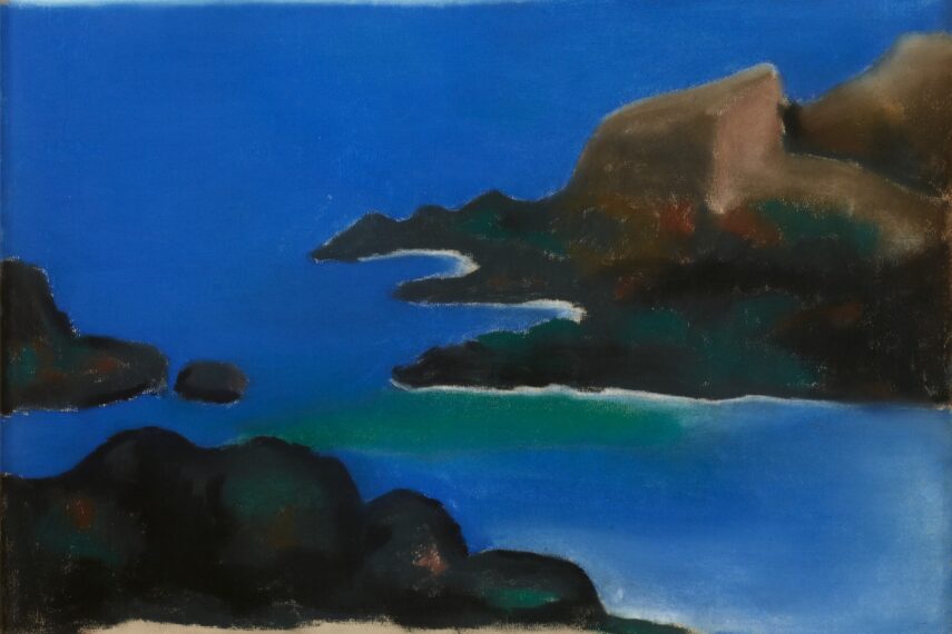 Abstract landscape with blue water and dark cliff landforms.