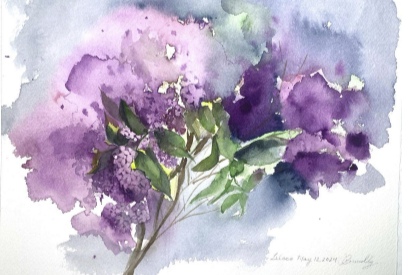 Watercolor painting of purple flowers with green leaves.