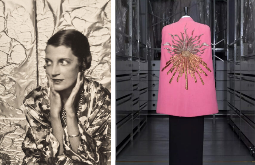 Vintage photo of a woman on the left and a pink cloak with sun burst design on the right.