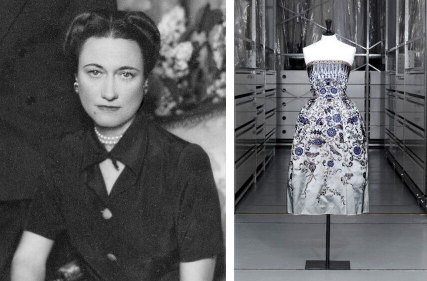 Black-and-white portrait of a woman on the left and a color image of an embroidered dress on a mannequin on the right.
