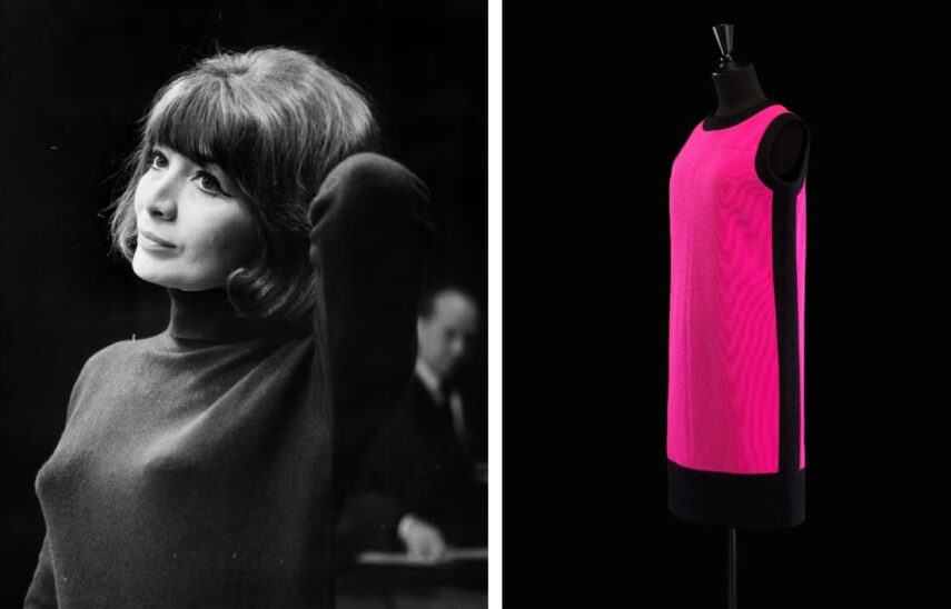 Black and white photo of a woman wearing a black turtleneck on the left and a mannequin with a bright pink dress on the right.