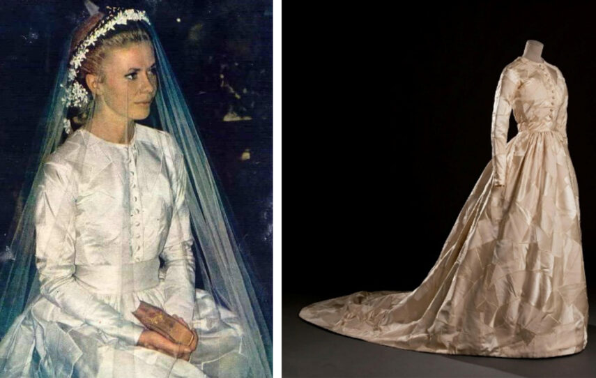 Side-by-side images of a bride in a wedding dress and the dress on display.