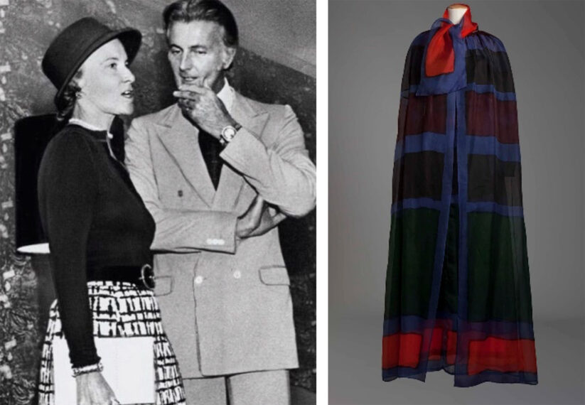 side-by-side photos of a couple talking and a cape draped over a mannequin