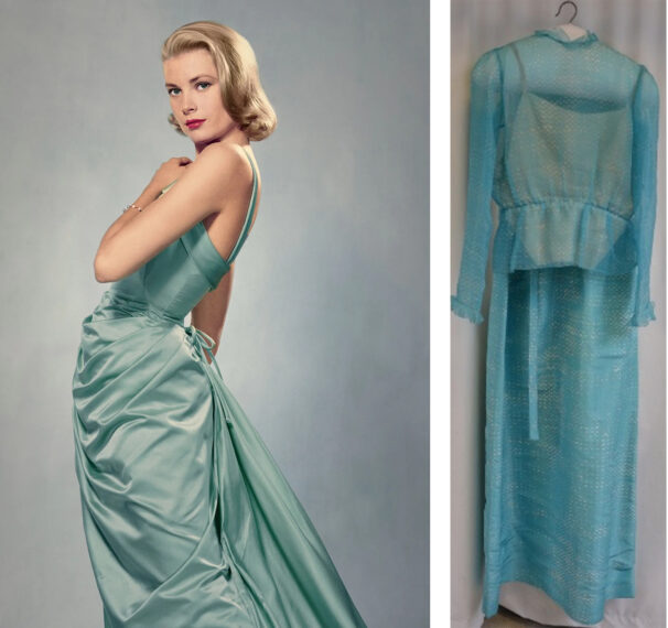 side-by-side photos of a woman in a teal gown and a hanging blue dress.
