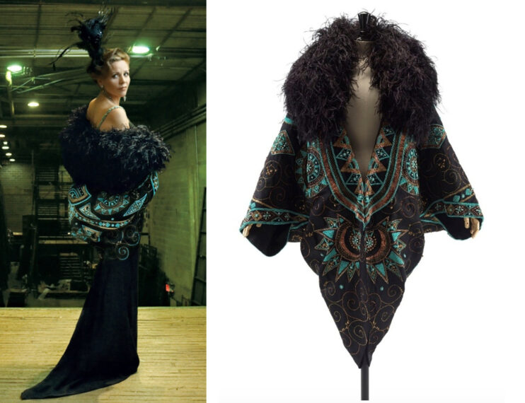 side-by-side photos of a Woman wearing a feathered shawl with a colorful pattern next to the same shawl on a mannequin.