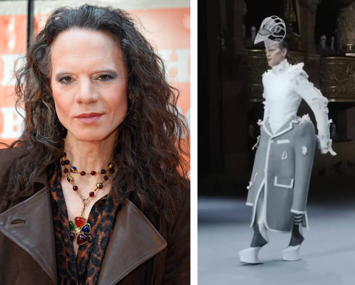 Close-up photo of a person with long, curly hair wearing a dark leather jacket over a patterned shirt on the left. On the right, there is an image of a fashion model walking on a runway wearing an avant-garde outfit, which includes a structured, oversized gray coat with white details and matching platform shoes.